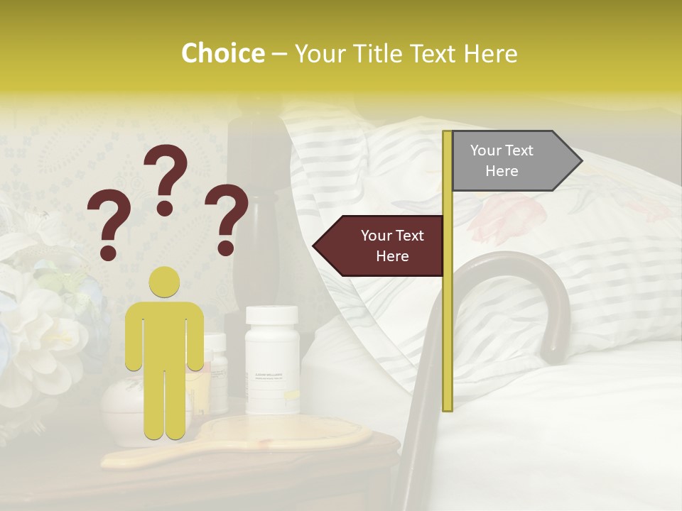 Medicine Bottles And A Cane Against A Bed For An Elderly Person PowerPoint Template