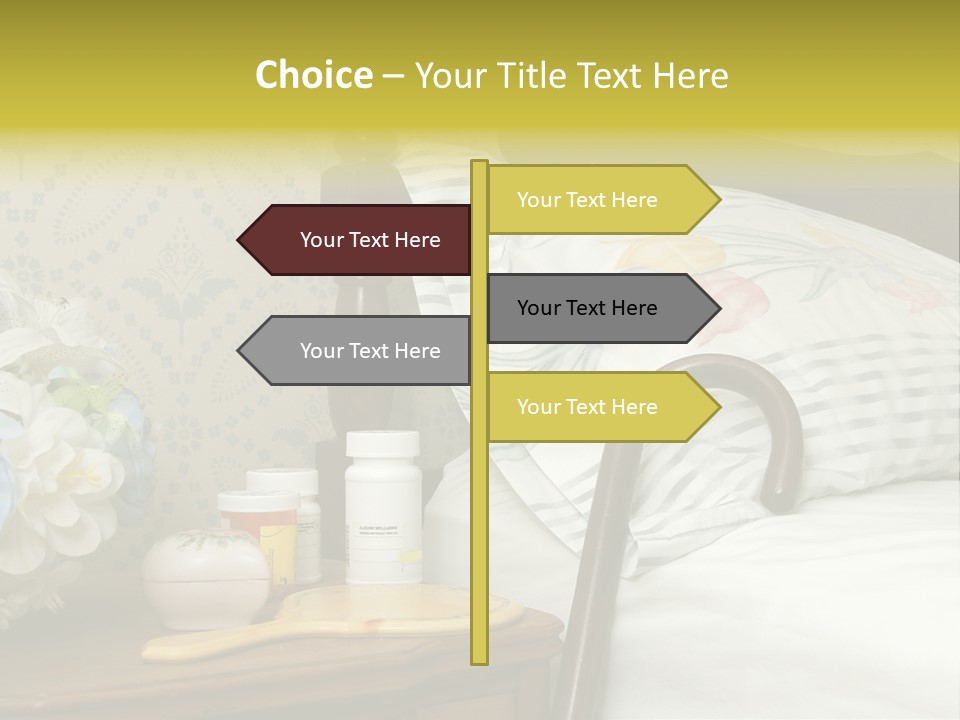 Medicine Bottles And A Cane Against A Bed For An Elderly Person PowerPoint Template