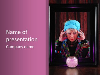 Framed Clairvoyant Woman With Crystal Ball Looking At Camera, PowerPoint Template