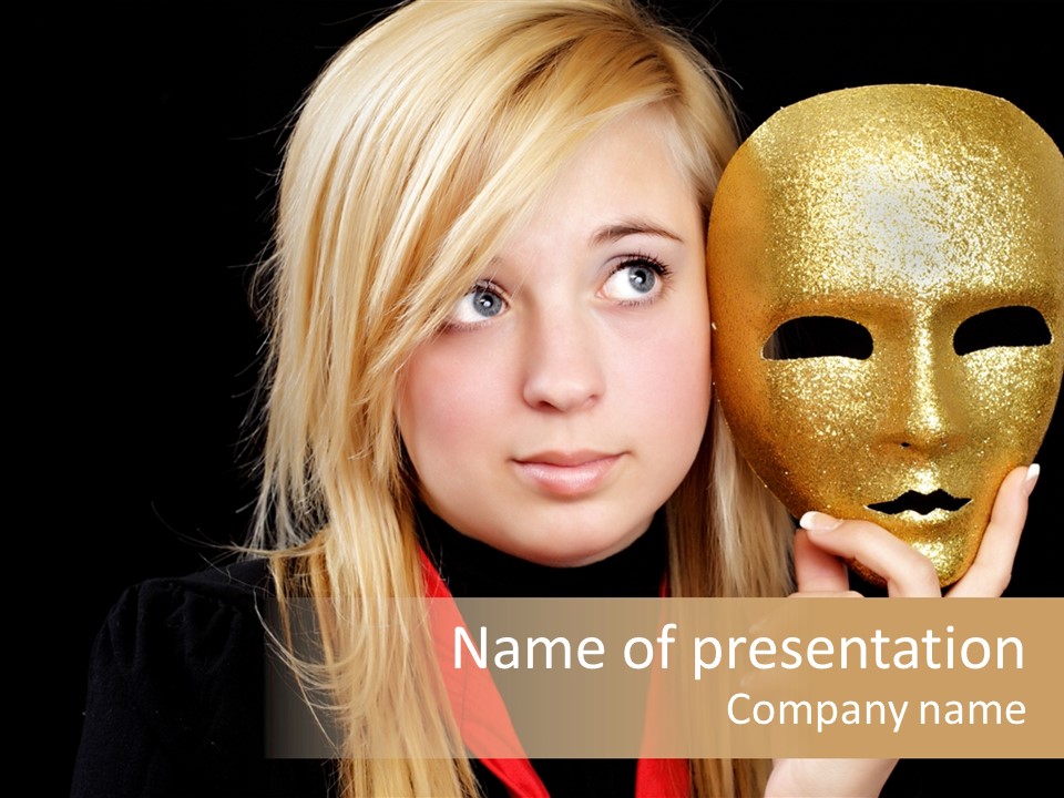 Blond Teen Girl With Gold Mask, Black Background PowerPoint Template