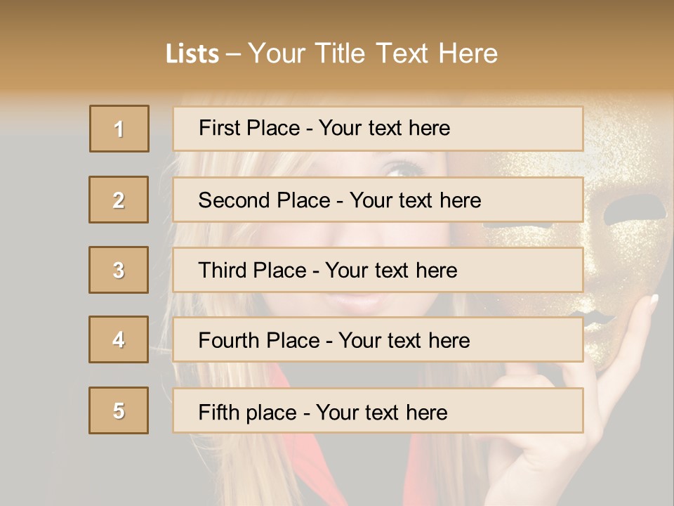 Blond Teen Girl With Gold Mask, Black Background PowerPoint Template