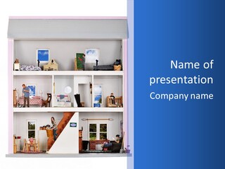 A Family Of Five Working And Playing Inside A Furnished Doll House. PowerPoint Template