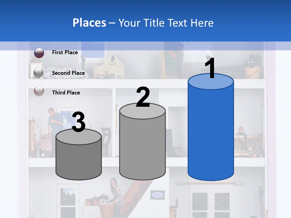A Family Of Five Working And Playing Inside A Furnished Doll House. PowerPoint Template