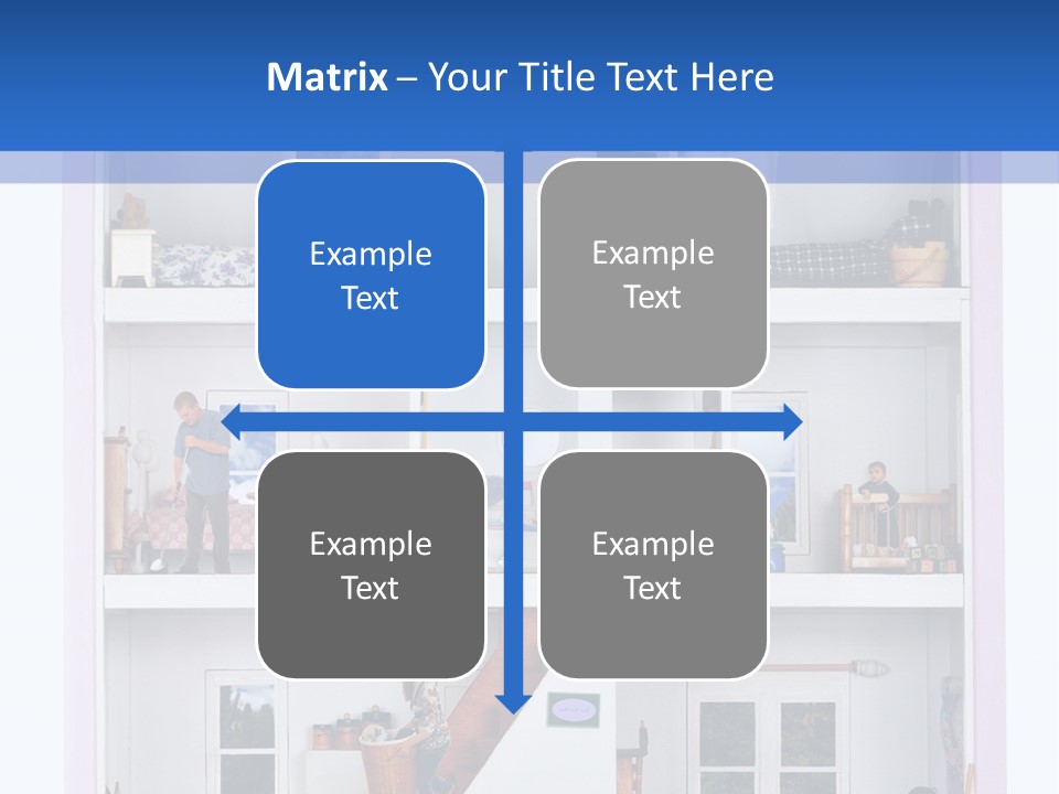 A Family Of Five Working And Playing Inside A Furnished Doll House. PowerPoint Template
