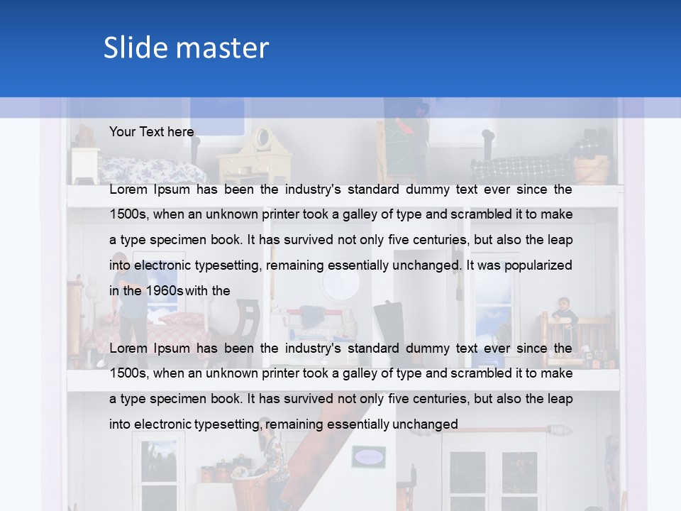 A Family Of Five Working And Playing Inside A Furnished Doll House. PowerPoint Template