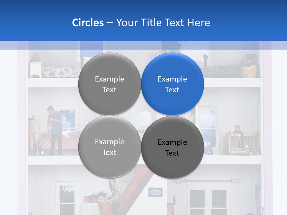 A Family Of Five Working And Playing Inside A Furnished Doll House. PowerPoint Template