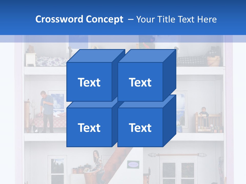 A Family Of Five Working And Playing Inside A Furnished Doll House. PowerPoint Template