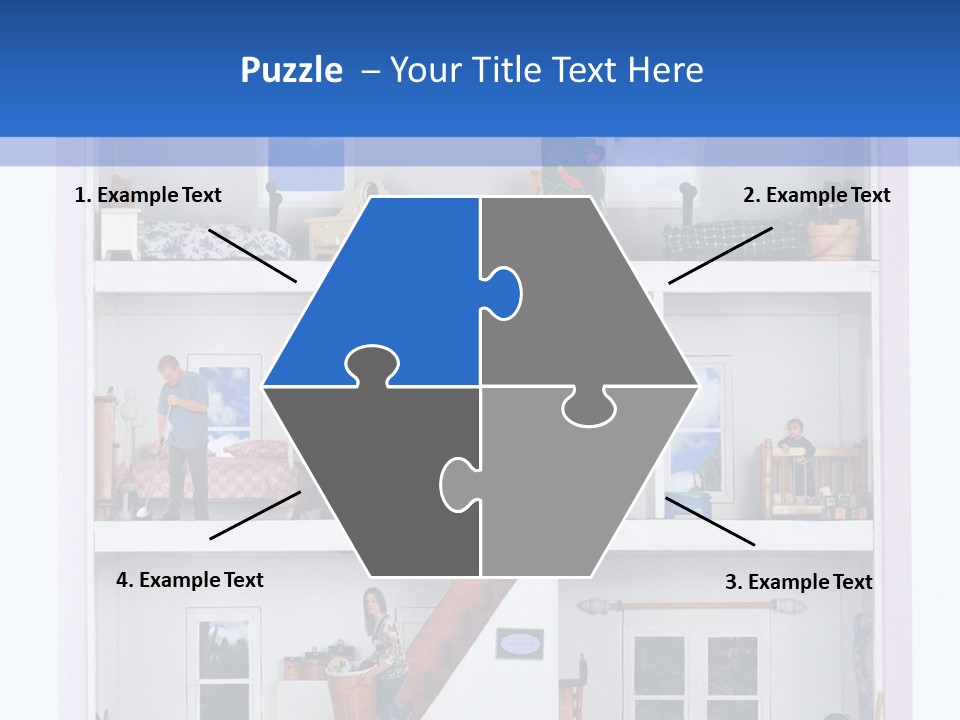 A Family Of Five Working And Playing Inside A Furnished Doll House. PowerPoint Template