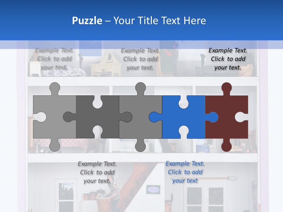 A Family Of Five Working And Playing Inside A Furnished Doll House. PowerPoint Template