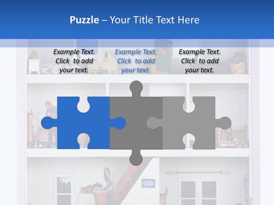 A Family Of Five Working And Playing Inside A Furnished Doll House. PowerPoint Template