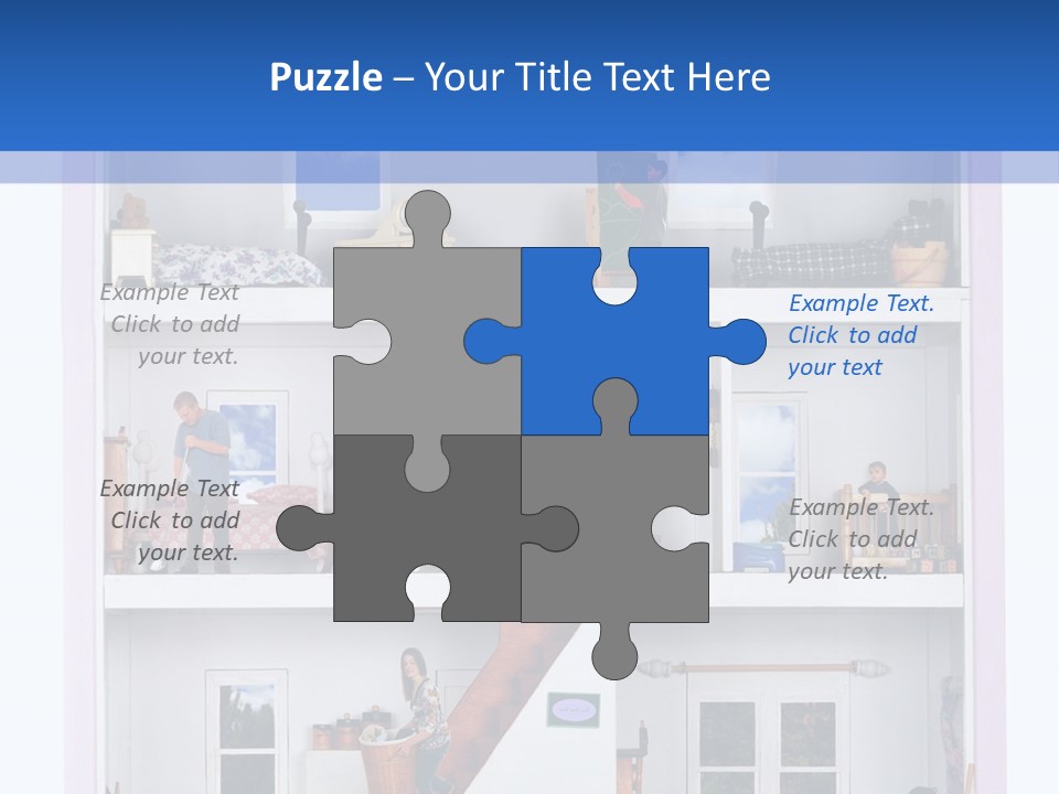 A Family Of Five Working And Playing Inside A Furnished Doll House. PowerPoint Template