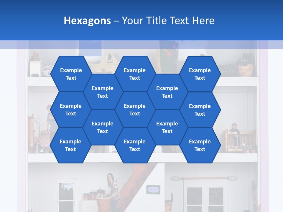 A Family Of Five Working And Playing Inside A Furnished Doll House. PowerPoint Template