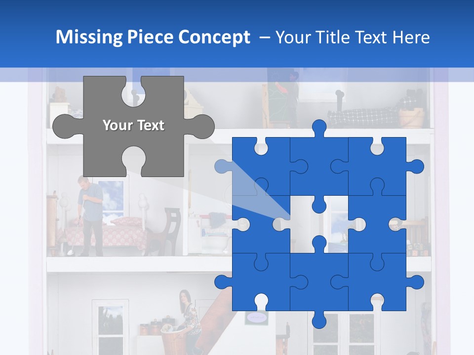 A Family Of Five Working And Playing Inside A Furnished Doll House. PowerPoint Template