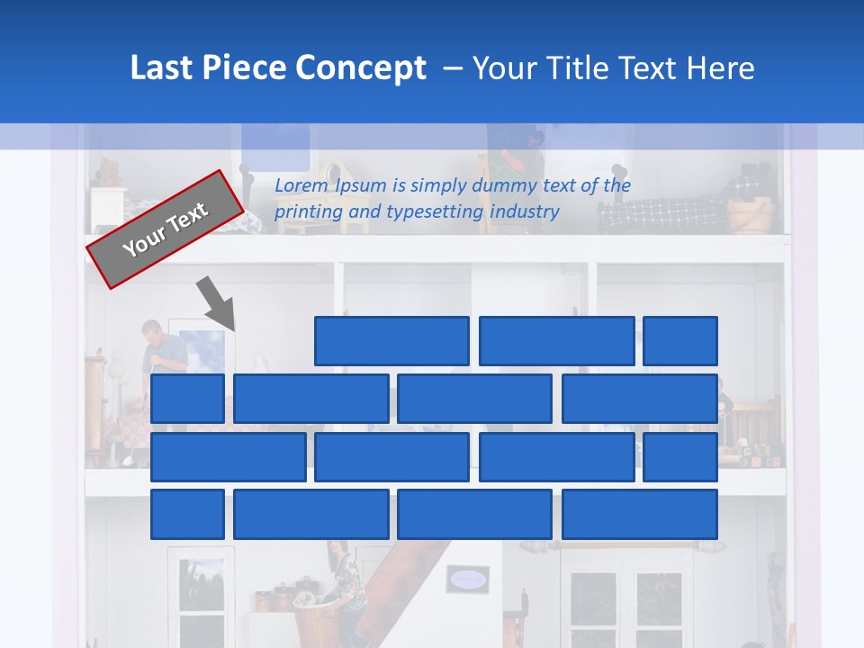 A Family Of Five Working And Playing Inside A Furnished Doll House. PowerPoint Template