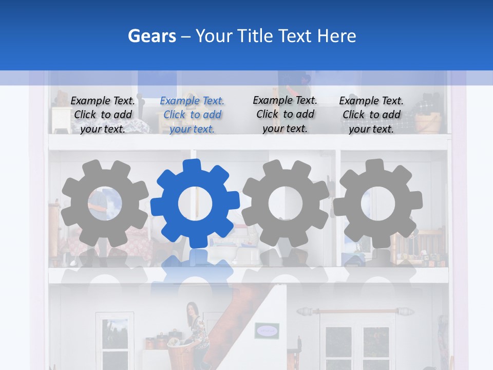 A Family Of Five Working And Playing Inside A Furnished Doll House. PowerPoint Template