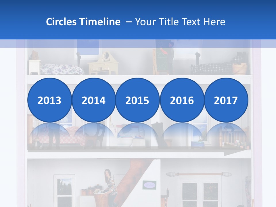 A Family Of Five Working And Playing Inside A Furnished Doll House. PowerPoint Template