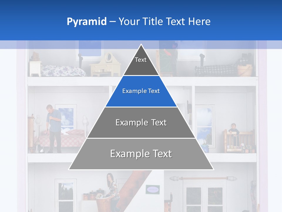 A Family Of Five Working And Playing Inside A Furnished Doll House. PowerPoint Template