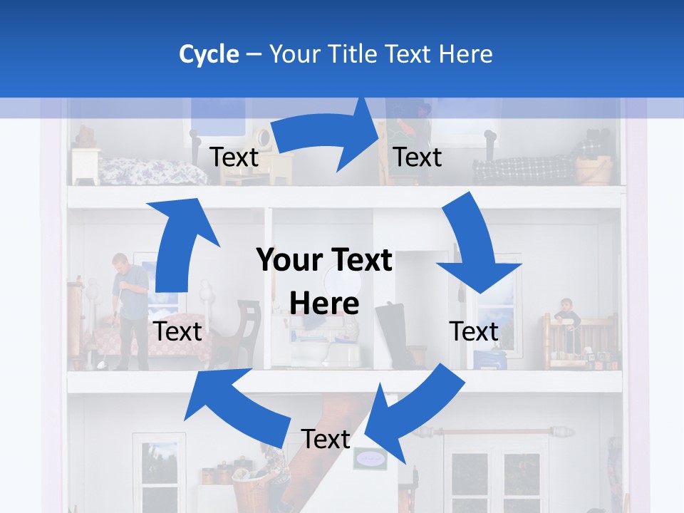 A Family Of Five Working And Playing Inside A Furnished Doll House. PowerPoint Template