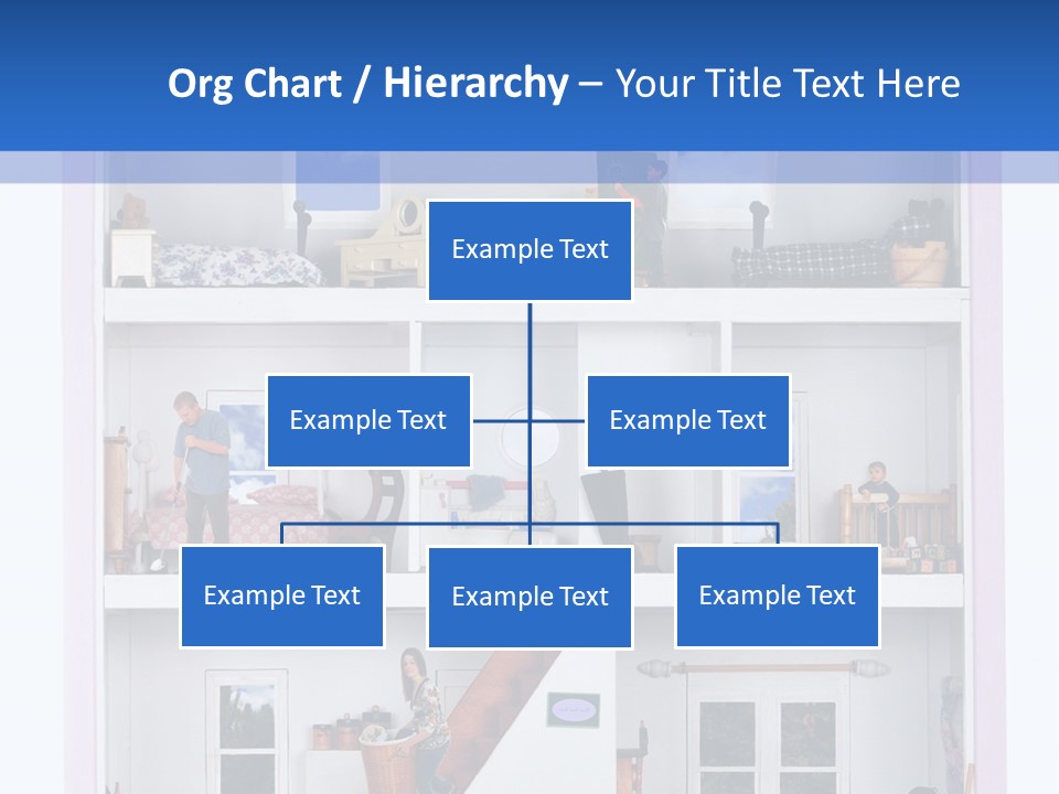 A Family Of Five Working And Playing Inside A Furnished Doll House. PowerPoint Template