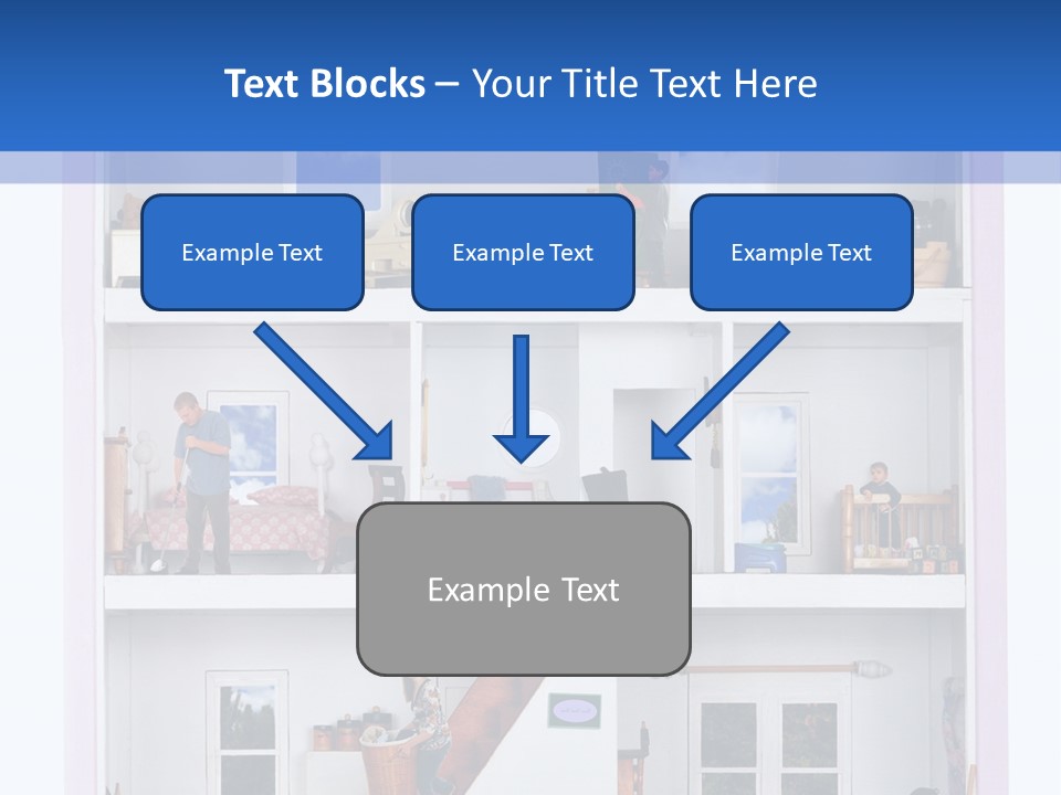 A Family Of Five Working And Playing Inside A Furnished Doll House. PowerPoint Template