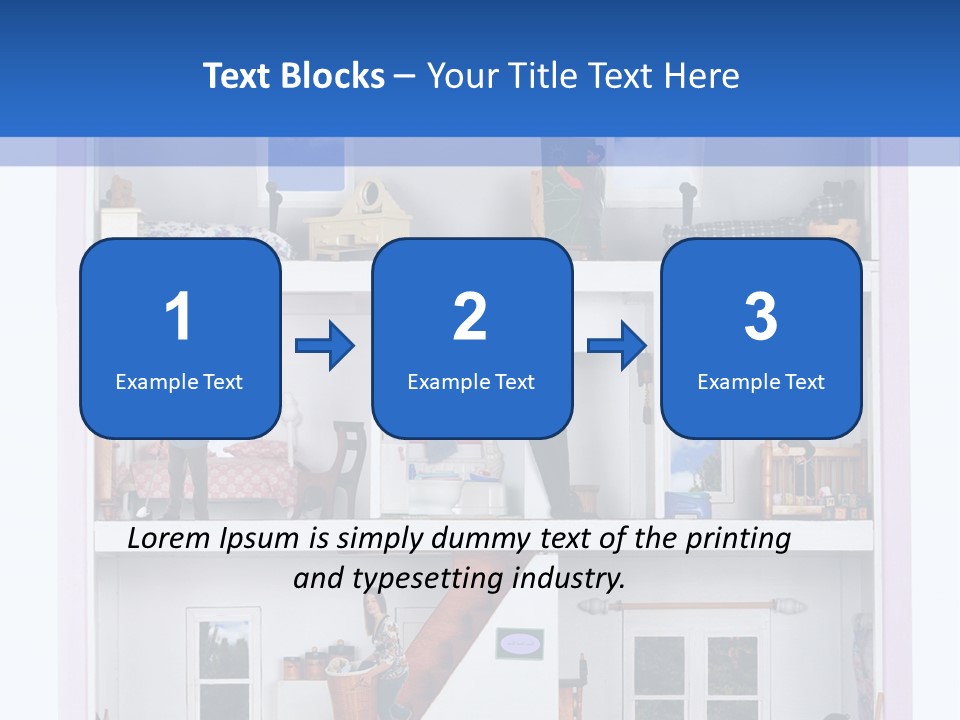 A Family Of Five Working And Playing Inside A Furnished Doll House. PowerPoint Template