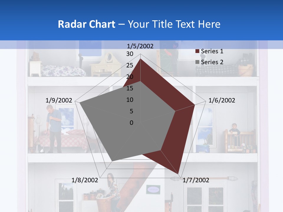 A Family Of Five Working And Playing Inside A Furnished Doll House. PowerPoint Template