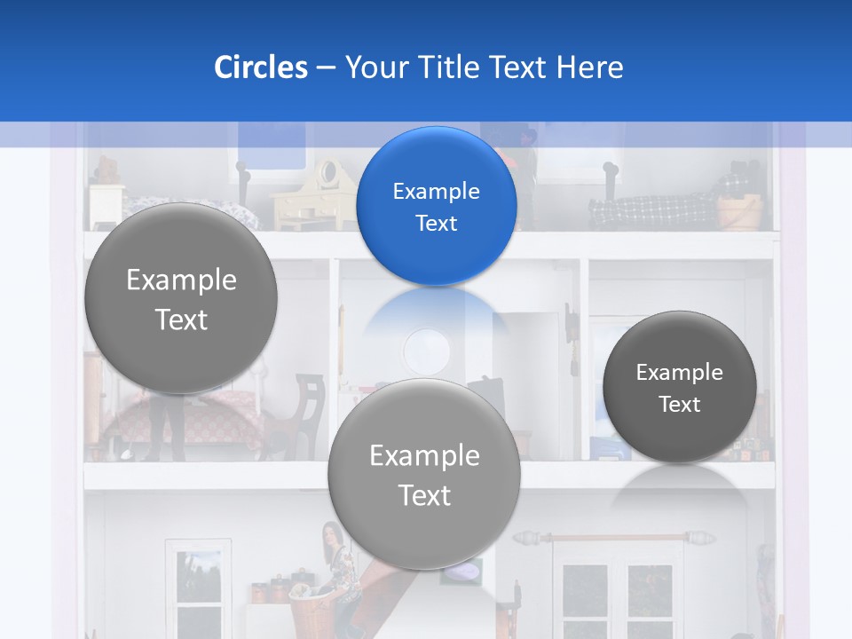 A Family Of Five Working And Playing Inside A Furnished Doll House. PowerPoint Template