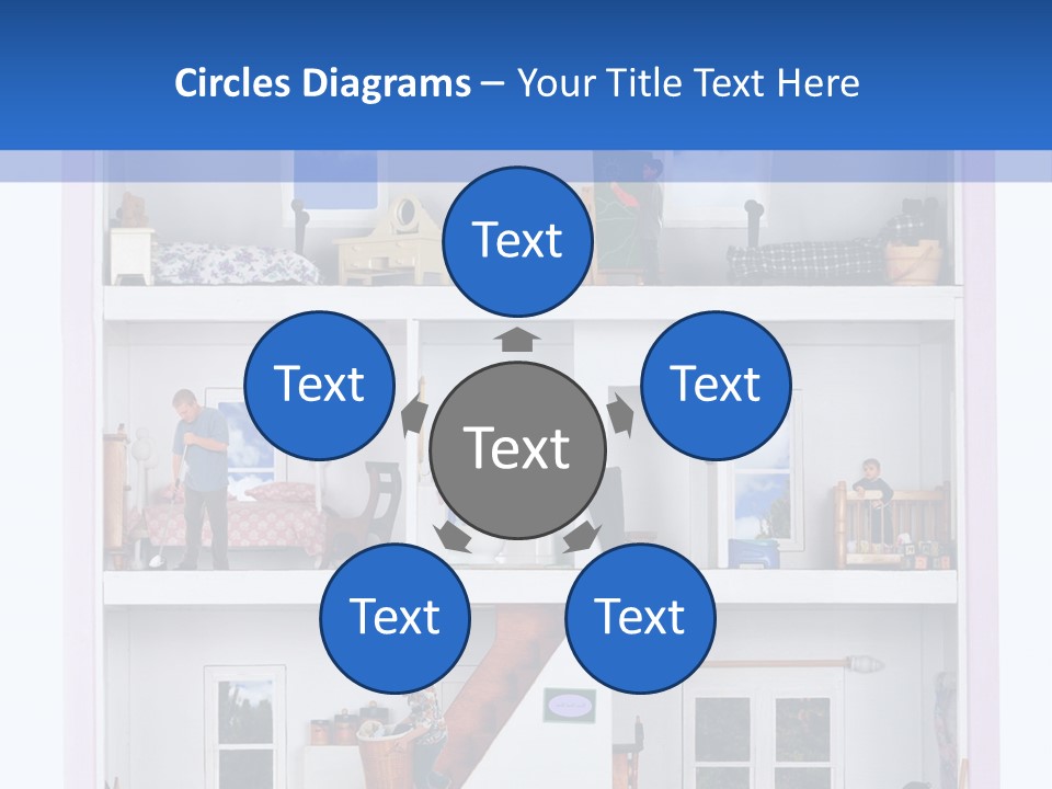 A Family Of Five Working And Playing Inside A Furnished Doll House. PowerPoint Template