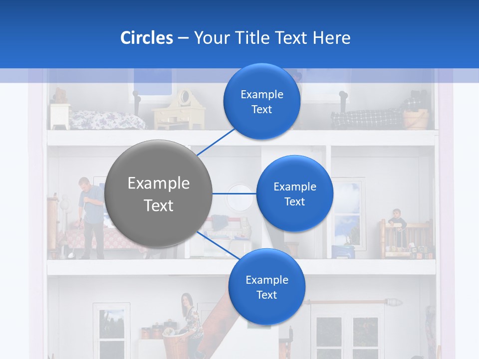 A Family Of Five Working And Playing Inside A Furnished Doll House. PowerPoint Template