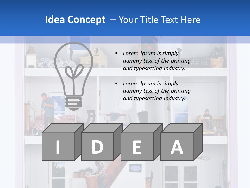 A Family Of Five Working And Playing Inside A Furnished Doll House. PowerPoint Template