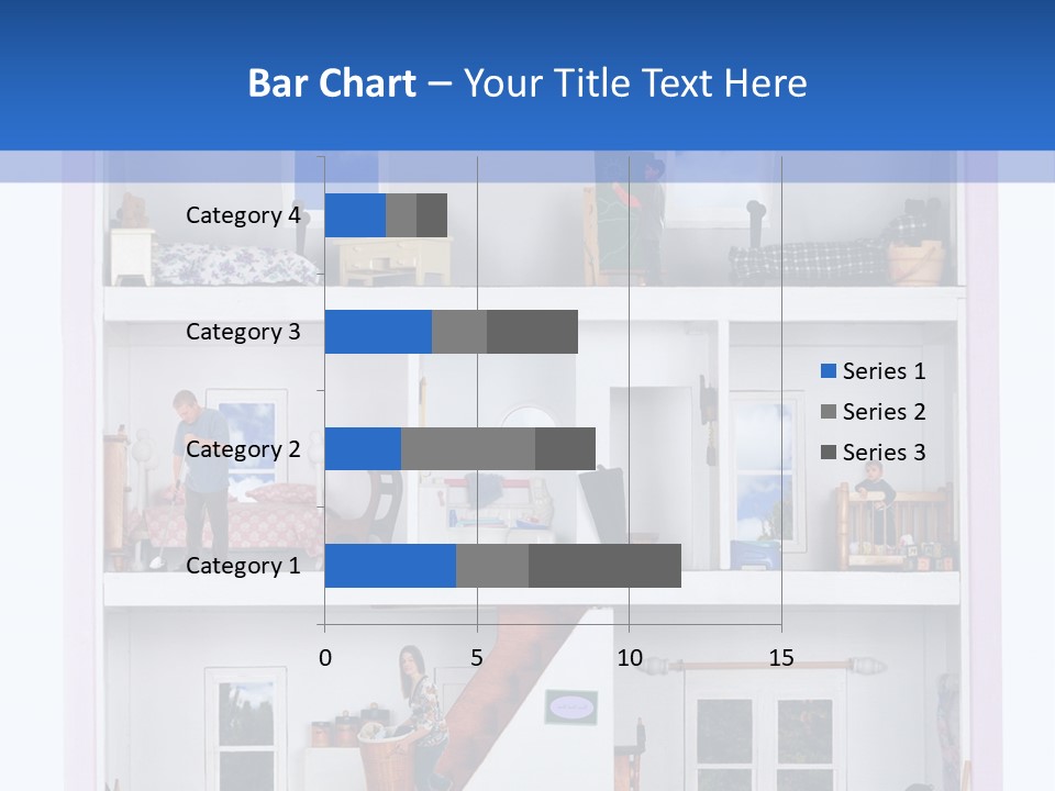 A Family Of Five Working And Playing Inside A Furnished Doll House. PowerPoint Template