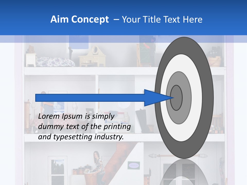 A Family Of Five Working And Playing Inside A Furnished Doll House. PowerPoint Template