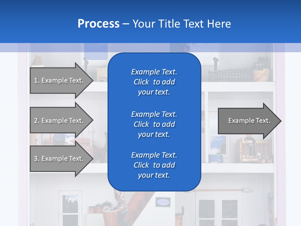 A Family Of Five Working And Playing Inside A Furnished Doll House. PowerPoint Template