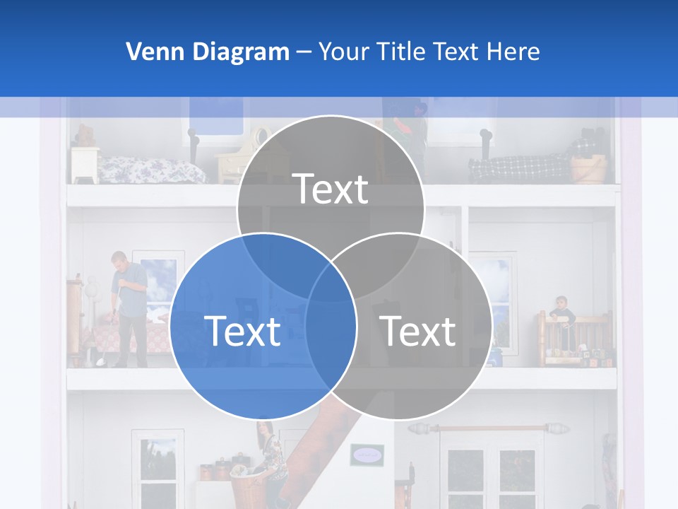 A Family Of Five Working And Playing Inside A Furnished Doll House. PowerPoint Template