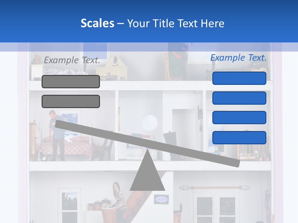 A Family Of Five Working And Playing Inside A Furnished Doll House. PowerPoint Template