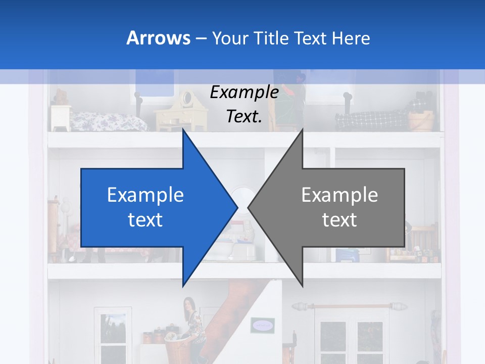 A Family Of Five Working And Playing Inside A Furnished Doll House. PowerPoint Template