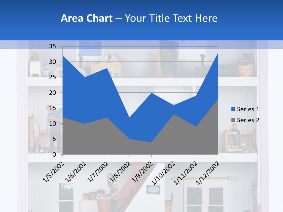 A Family Of Five Working And Playing Inside A Furnished Doll House. PowerPoint Template