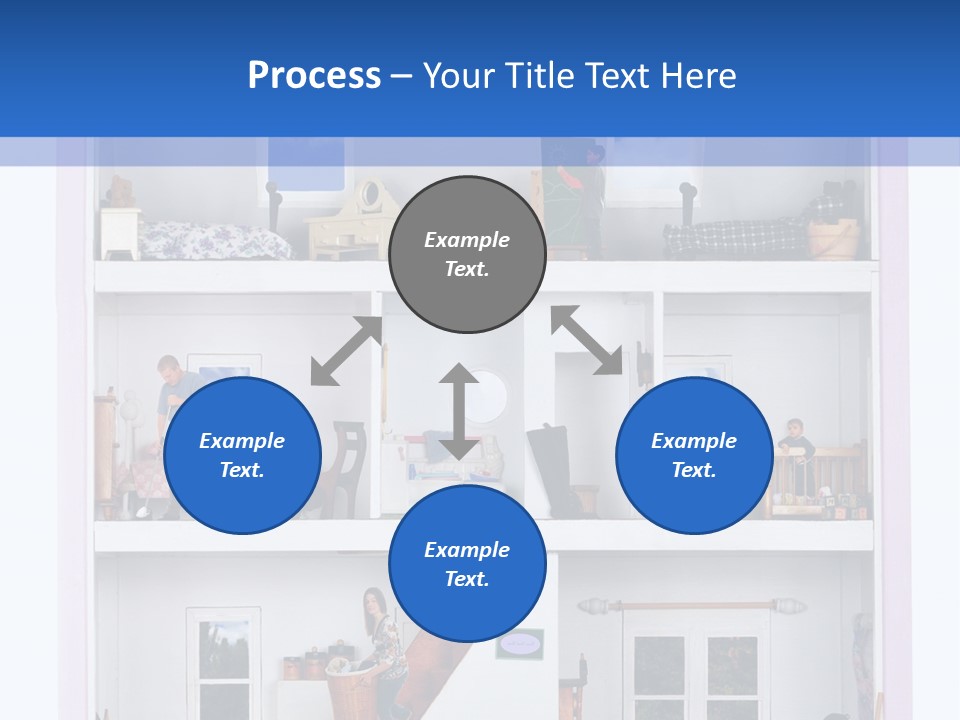 A Family Of Five Working And Playing Inside A Furnished Doll House. PowerPoint Template