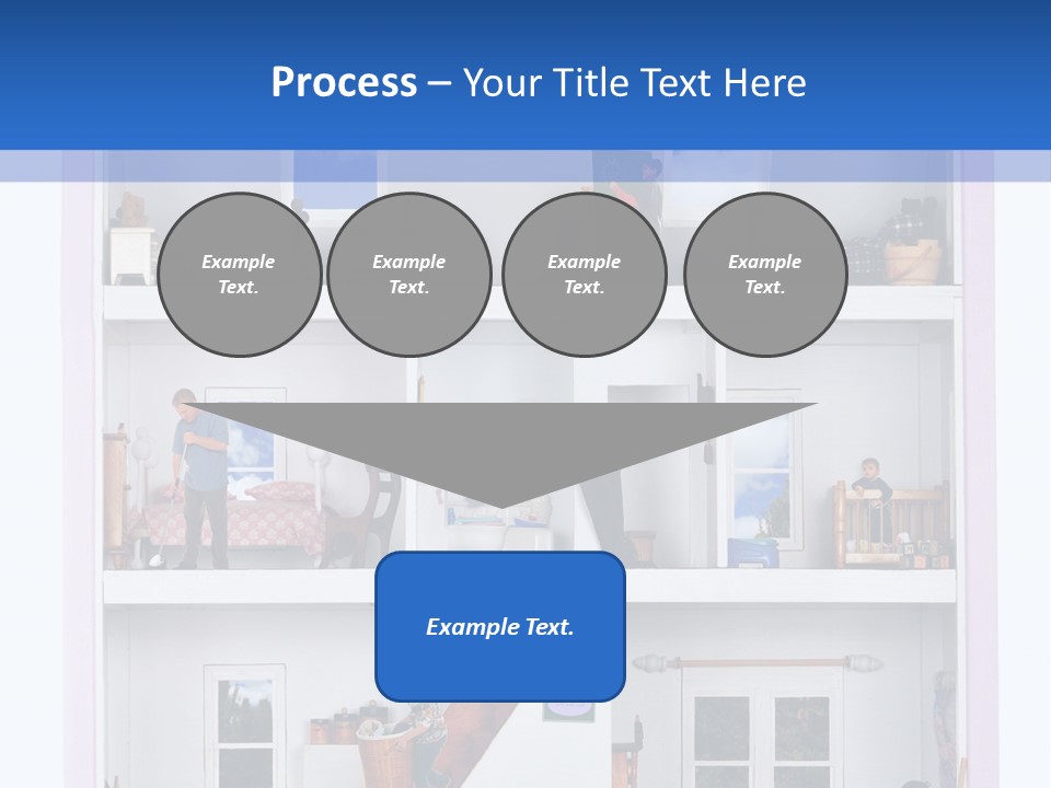 A Family Of Five Working And Playing Inside A Furnished Doll House. PowerPoint Template