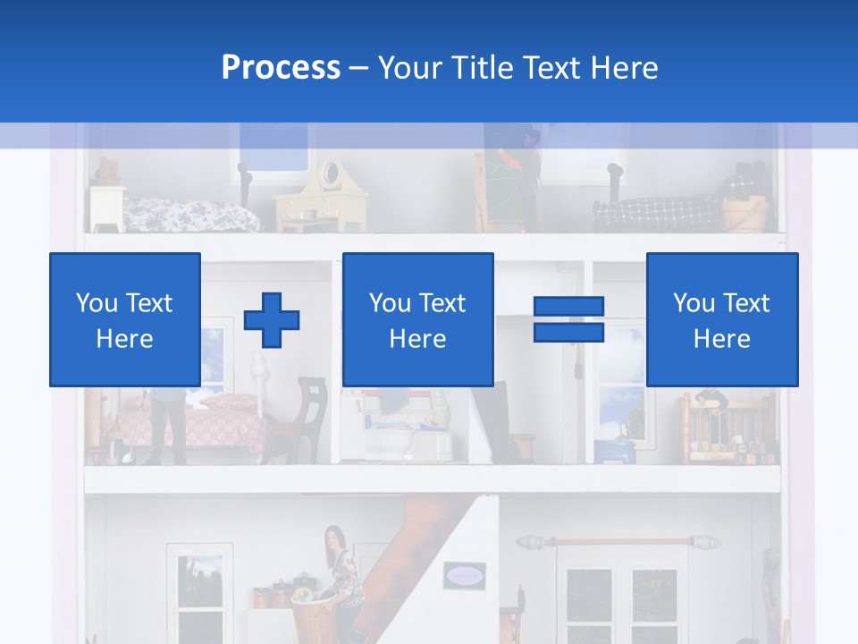 A Family Of Five Working And Playing Inside A Furnished Doll House. PowerPoint Template