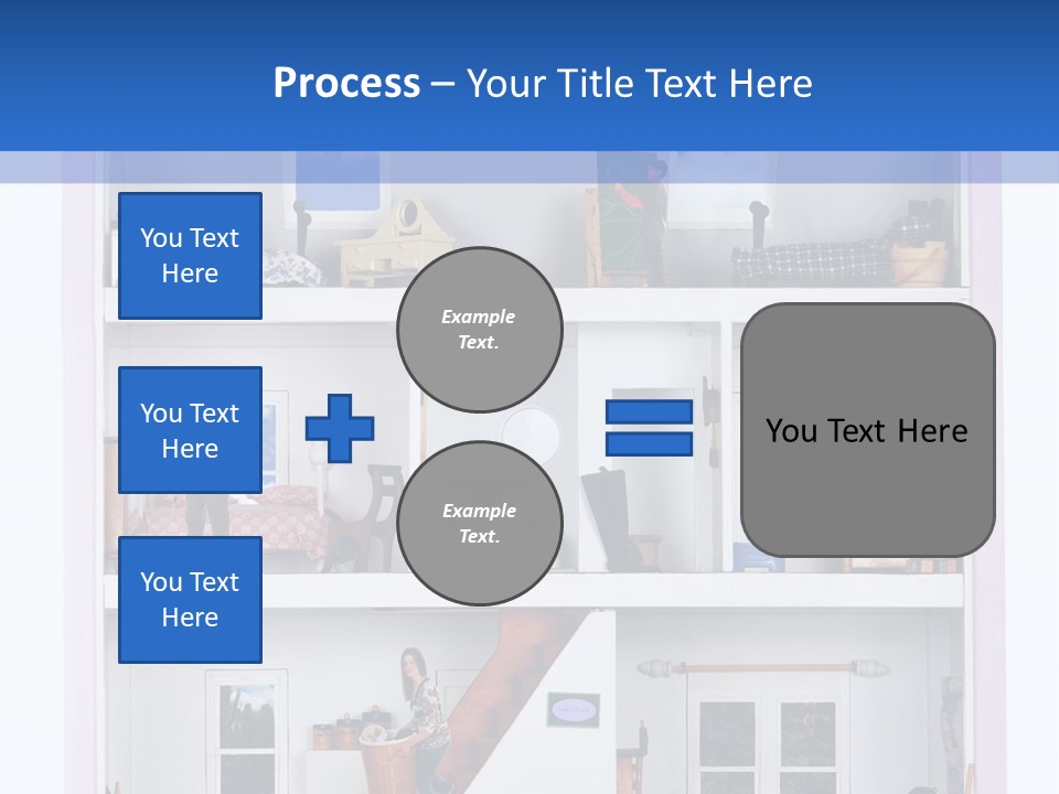 A Family Of Five Working And Playing Inside A Furnished Doll House. PowerPoint Template