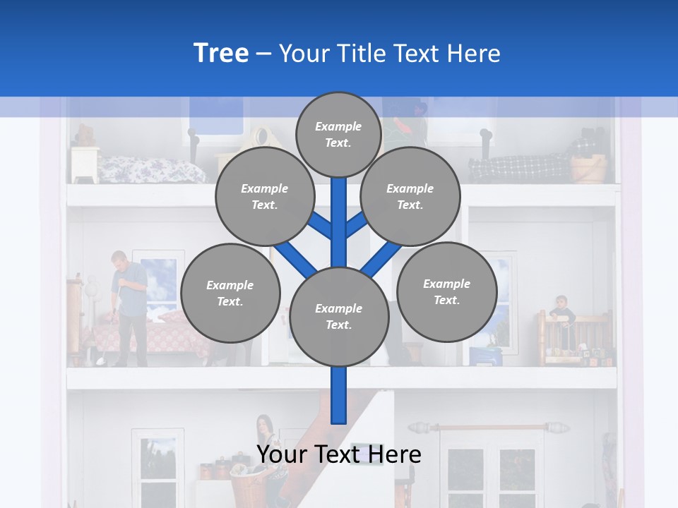 A Family Of Five Working And Playing Inside A Furnished Doll House. PowerPoint Template