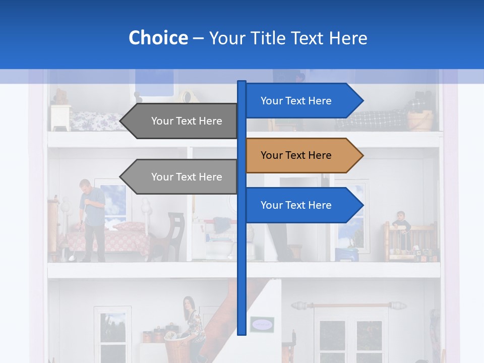 A Family Of Five Working And Playing Inside A Furnished Doll House. PowerPoint Template