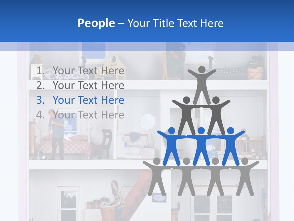 A Family Of Five Working And Playing Inside A Furnished Doll House. PowerPoint Template