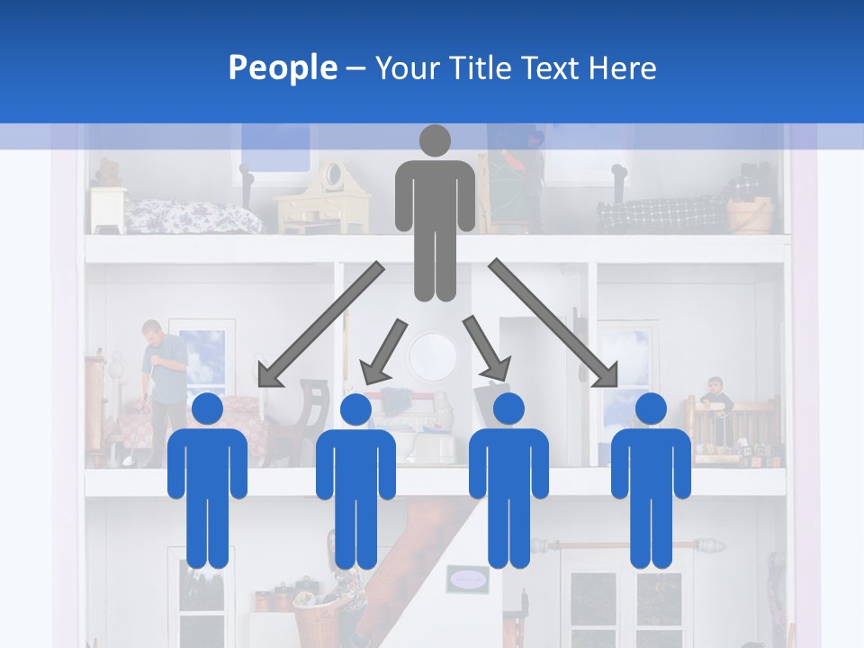 A Family Of Five Working And Playing Inside A Furnished Doll House. PowerPoint Template