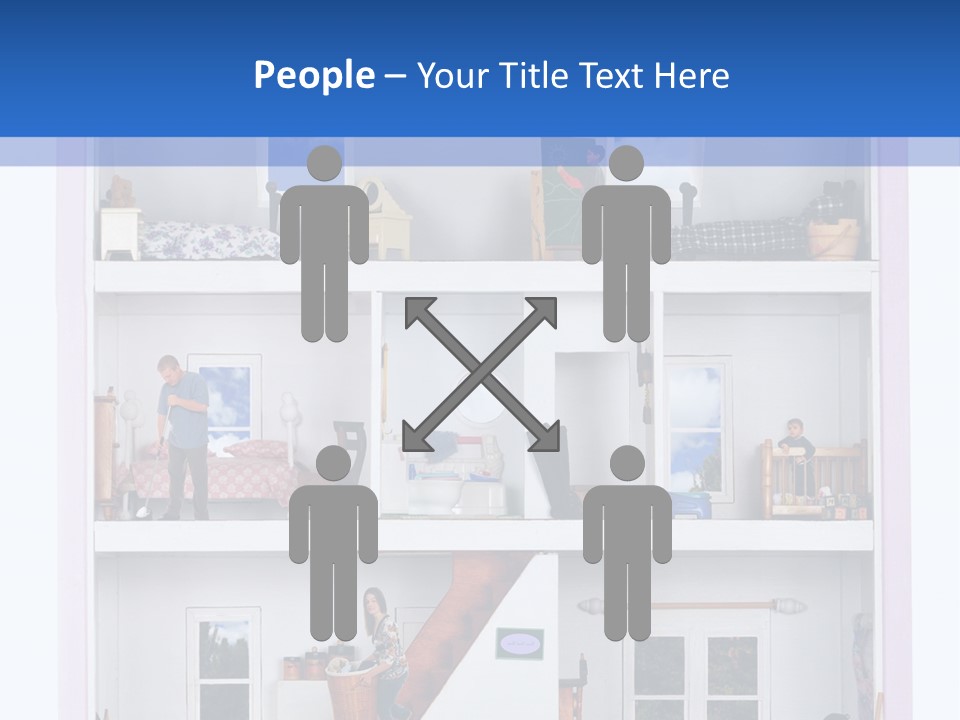 A Family Of Five Working And Playing Inside A Furnished Doll House. PowerPoint Template