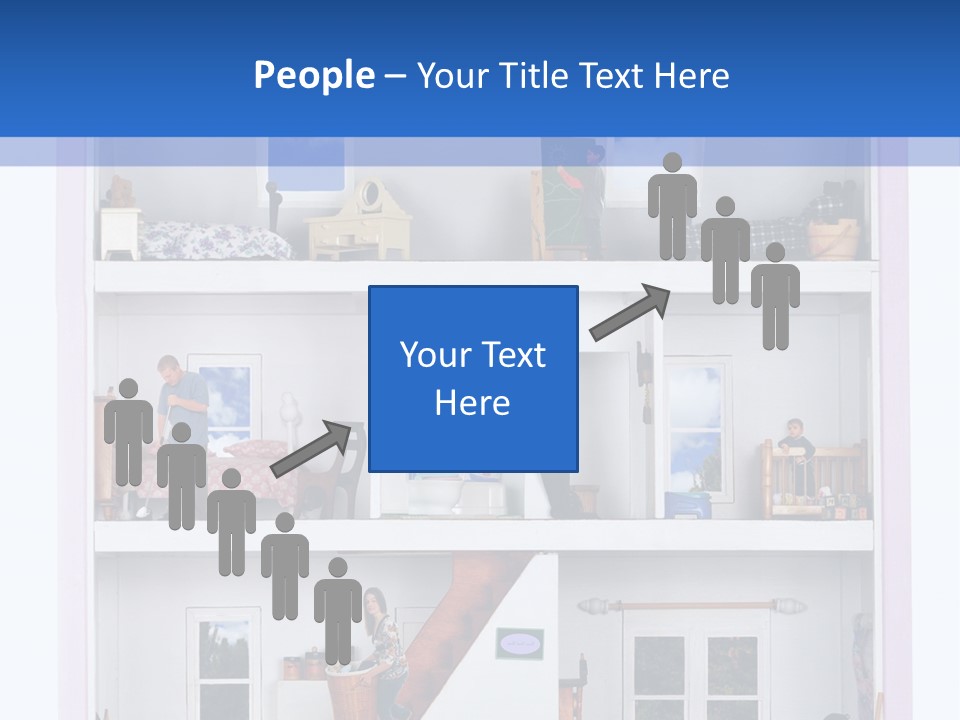 A Family Of Five Working And Playing Inside A Furnished Doll House. PowerPoint Template