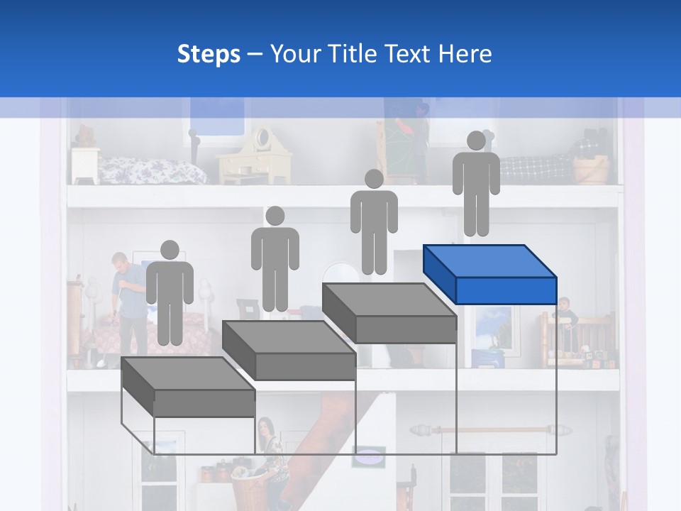 A Family Of Five Working And Playing Inside A Furnished Doll House. PowerPoint Template