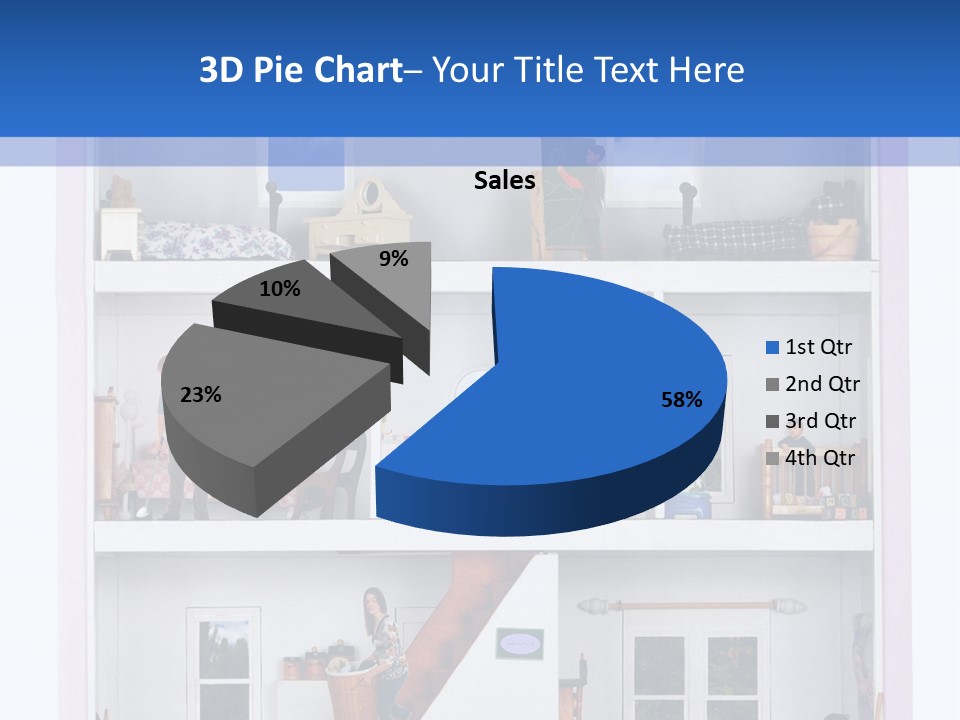A Family Of Five Working And Playing Inside A Furnished Doll House. PowerPoint Template