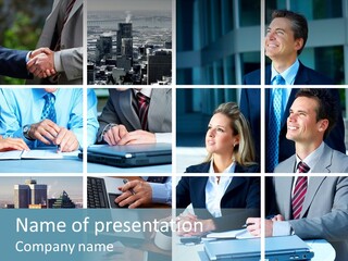 Business Meeting In The Downtown. Businessmen And Business Woman PowerPoint Template